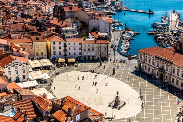 View from the bell tower over Piran and Tartin Square, harbour town of Piran on the Adriatic coast with Venetian flair, Slovenia, Piran, Slovenia, Europe