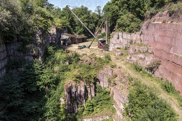 Disused Michelnau quarry, Michelnau tuff, red basalt, red lava, cinder agglomerate, Tertiary volcano, geotope, wooden crane, derrick crane, industrial monument, Michelnau, Vogelsberg Volcanic Region nature park Park, Nidda, Wetterau, Hesse, Germany, Europe