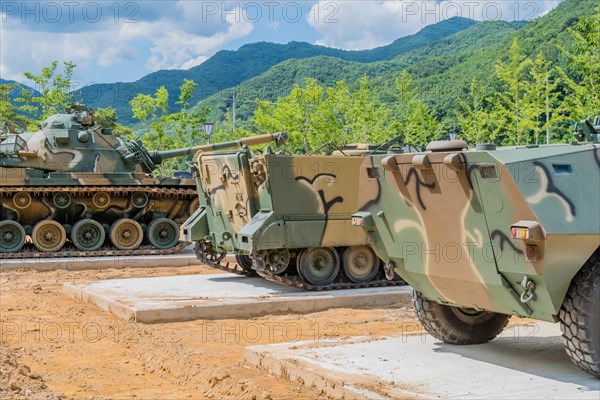 Military landing craft and tank used in Korean war on display in public park in Nonsan, South Korea, Asia