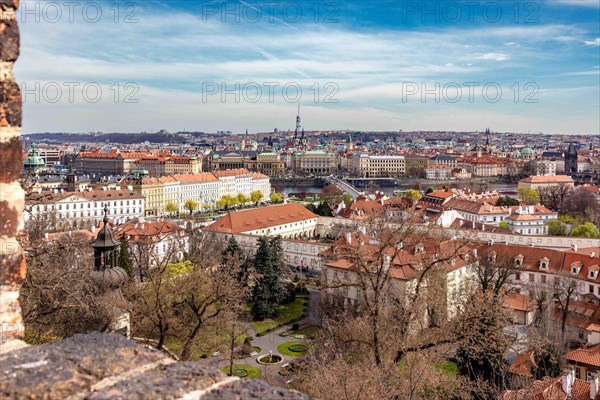 City tour, Vltava river, boat trip, sights, church, view of Prague Castle, fortress, old town, city view, panorama, Prague, Czech Republic, Europe