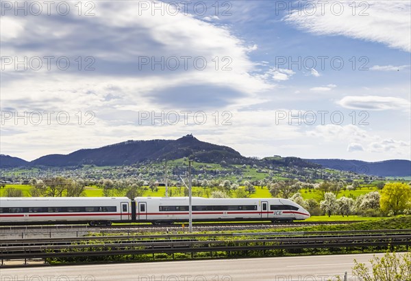 New railway line from Wendlingen to Ulm, Stuttgart21. Section of track near Kirchheim unter Teck with Burg Teck ICE, Kirchheim unter Teck, Baden-Wuerttemberg, Germany, Europe