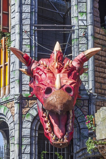 Red dragon head with ghost train, decoration, figure at the Bremen Easter Fair, Buergerweide, Bremen, Germany, Europe