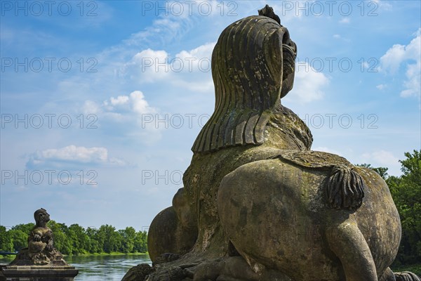 Sphinx on the grand staircase of Pillnitz Palace on the Elbe in Pillnitz, Dresden, Saxony, Germany, Europe