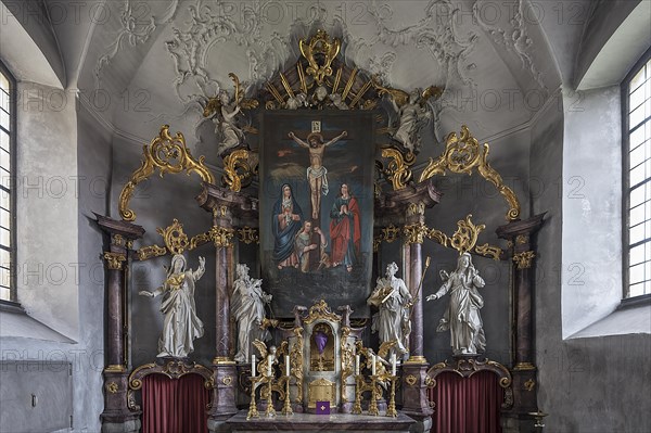 Historic Lenten cloth in front of the main altar, made in 1726, Ochsenfurt-Hohestadt, Lower Franconia, Bavaria, Germany, Europe