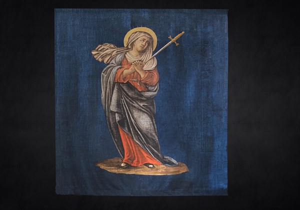 Historic Lenten cloth, made in 1726, on a black background, parish church of St Nicholas, Gundelsheim, Baden-Wuerttemberg, Germany, Europe