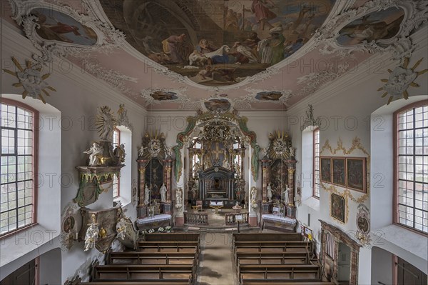 Church interior with altar, in front of it the Holy Sepulchre, 18th century, behind it the historic Lenten cloth, St Wendelin, Kirchenweg 8, Eyershausen, Lower Franconia, Bavaria, Germany, Europe