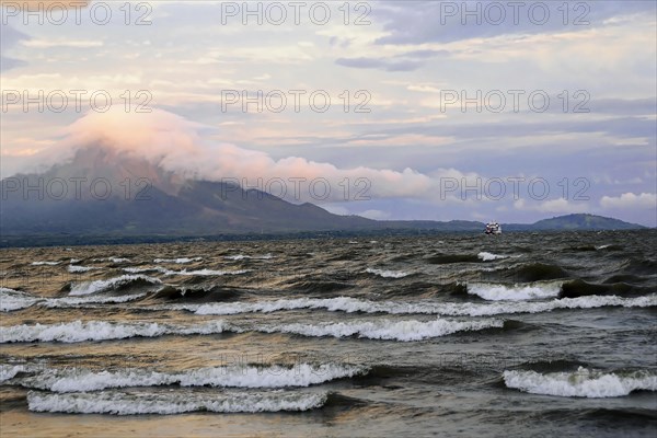 Lake Nicaragua, in the background the island of Ometepe, Nicaragua, Dramatic view of a lake with volcanoes at dusk, Central America, Central America