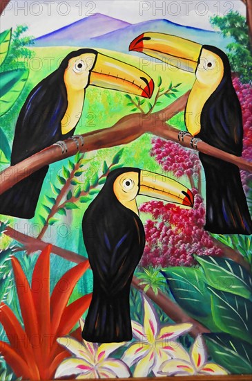 San Juan del Sur, Nicaragua, Colourful mural of four toucans surrounded by tropical flora, Central America, Central America