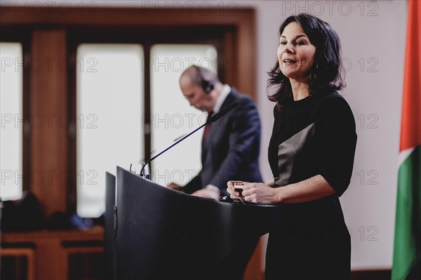 (R-L) Annalena Baerbock (Alliance 90/The Greens), Federal Foreign Minister, and Ayman Safadi, Foreign Minister of Jordan, speak to the media after a joint meeting in Berlin, 16 April 2024 / Photographed on behalf of the Federal Foreign Office