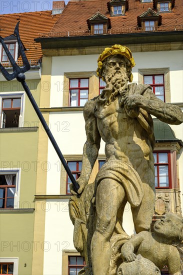 The Neptune Fountain in front of the Hofapotheke, market square in Weimar, Thuringia, Germany, Europe