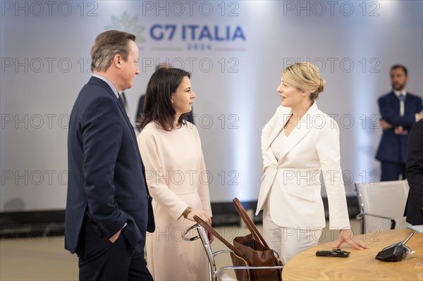 David Cameron, Foreign Secretary of the United Kingdom, Annalena Baerbock (Alliance 90/The Greens), Federal Foreign Minister, and Melanie Joly, Foreign Minister of Canada, photographed during the First Working Session of the G7 Foreign Ministers' Meeting in Capri, 18 April 2024. Photographed on behalf of the Federal Foreign Office