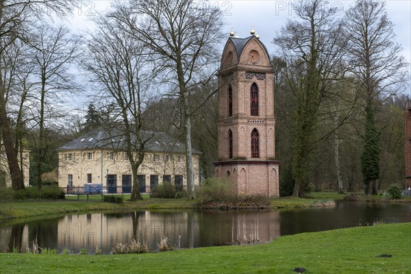 Separate bell tower of the Catholic Church of St Helena in Ludwigslust Palace Park, built around 1817 by court architect Johann Christian Georg Barca, Ludwigslust, Mecklenburg-Vorpommern, Germany, Europe