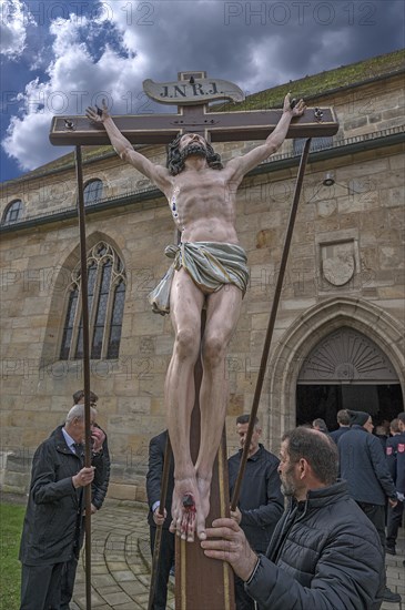 Historic Good Friday procession for 350 years with life-size wood-carved figures from the 18th century, Neunkirchen am Brand, Middle Franconia, Bavaria, Germany, Europe