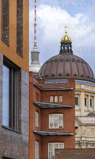 Schinkelplatz with Bauakademie, dome of the Humboldt Forum and the television tower, Berlin, Germany, Europe