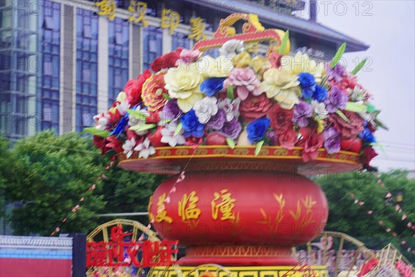 Xian, Shaanxi, China, Asia, Colourful flower arrangement at a Chinese festival, Asia