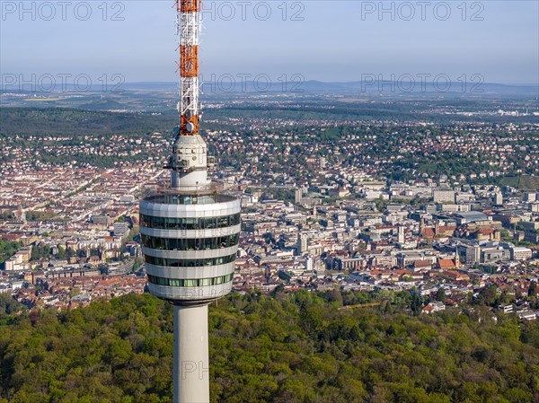 TV tower, world's first reinforced concrete tower, landmark and sight of the city of Stuttgart and official cultural monument, panoramic photo, drone photo, view of the city centre with collegiate church, Old Palace, New Palace, main railway station, Stuttgart, Baden-Wuerttemberg, Germany, Europe