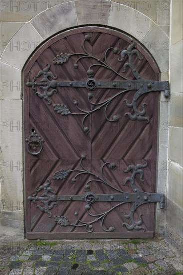 Historic door, wooden door, wood, handicraft, handcraft, portal, blacksmith, blacksmithing, locksmith, old town, market square, Schwaebisch Hall, Hohenlohe, Heilbronn-Franken, Baden-Wuerttemberg, Germany, Europe