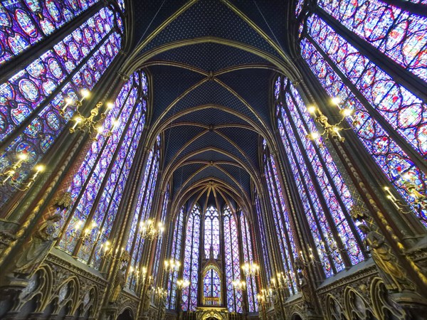 Paris 1er arr. Stained glass of the Holy Chapel (La Sainte Chapelle) built on the Ile de la Cite at the request of Saint Louis, Ile de France. France