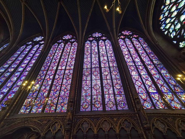 Paris 1er arr. Stained glass of the Holy Chapel (La Sainte Chapelle) built on the Ile de la Cite at the request of Saint Louis, Ile de France. France