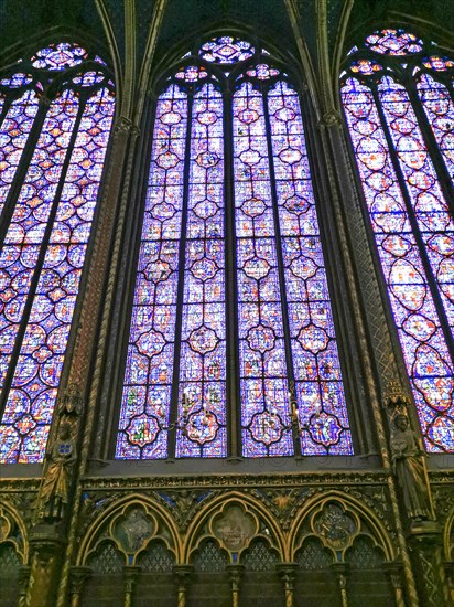 Paris 1er arr. Stained glass of the Holy Chapel (La Sainte Chapelle) built on the Ile de la Cite at the request of Saint Louis, Ile de France. France