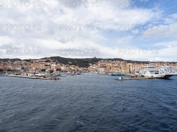 View from the sea, harbour and town of Maddalena, panoramic view, Isola La Maddalena, Sardinia, Italy, Europe