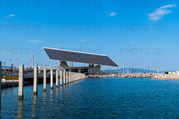 The photovoltaic pergola in the Forum district, a sail the size of a football pitch made of solar panels in the harbour on the beach in Barcelona, Spain, Europe