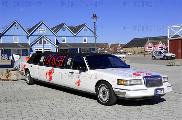 List, harbour, Sylt, North Frisian island, A white stretch limousine with eye-catching red GOSCH stickers is parked in a car park, Sylt, Schleswig-Holstein, Germany, Europe