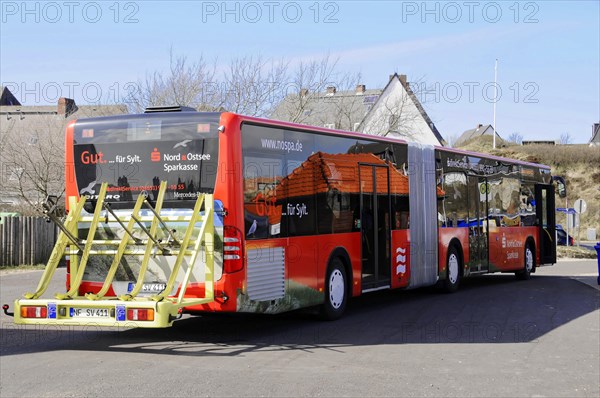 Crepes stand, Hoernum, Sylt, North Frisian island, Schleswig Holstein, A red articulated public transport bus on a street corner, Sylt, Schleswig-Holstein, Germany, Europe