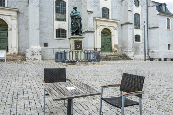 Herder monument in front of the Herderkirche, actually the town church of St Peter and Paul, a UNESCO World Heritage Site since 1998, in the old town centre of Weimar, Thuringia, Germany, Europe