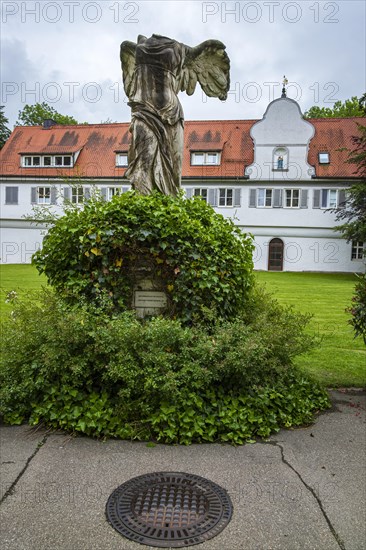 Copy of the Nike of Samothrace, the original of which is in the Louvre in Paris, in front of the art gallery of Isny Castle, formerly St George's Monastery, Isny im Allgaeu, Baden-Wuerttemberg, Germany, Europe