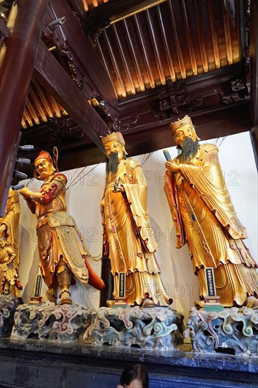 Jade Buddha Temple, Buddha, Puxi, Shanghai, Shanghai Shi, China, Three golden statues in a Buddhist temple, spiritual and artistic atmosphere, Shanghai, People's Republic of China, Asia