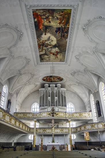 Organ loft and ceiling frescoes, Holy Trinity Church, Kaufbeuern, Allgaeu, Swabia, Bavaria, Germany, Europe