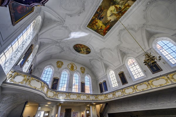 Gallery and ceiling frescoes, Holy Trinity Church, Kaufbeuern, Allgaeu, Swabia, Bavaria, Germany, Europe