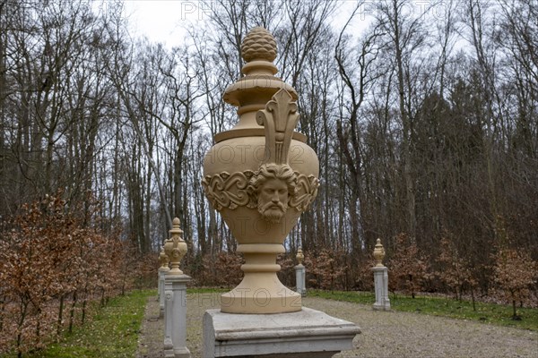 Restored clay vases with imperial busts at the former imperial hall from around 1765 in the palace park, Ludwigslust, Mecklenburg-Vorpommern, Germany, Europe