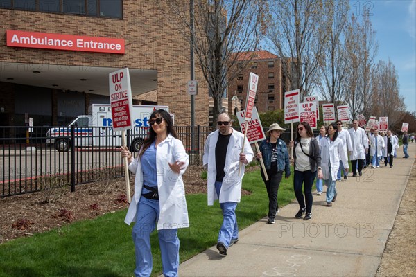 Detroit, Michigan USA, 18 April 2024, Doctors in the emergency room at Ascension St. John Hospital began a one-day strike to protest understaffing and unsafe conditions. The emergency room is operated by Team Health, which is owned by the private equity firm Blackstone. The 43 emergency doctors, physician assistants, and nurse practitioners organized the Greater Deroit Association of Emergency Physicians nearly a year ago