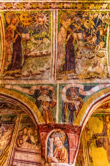 Barrel vaults with a history of creation, Gothic frescoes from 1490, a highlight of medieval wall painting, by Johannes von Kastav, Romanesque Church of the Holy Trinity, 15th century, Hrastovlje, Slovenia, Hrastovlje, Slovenia, Europe