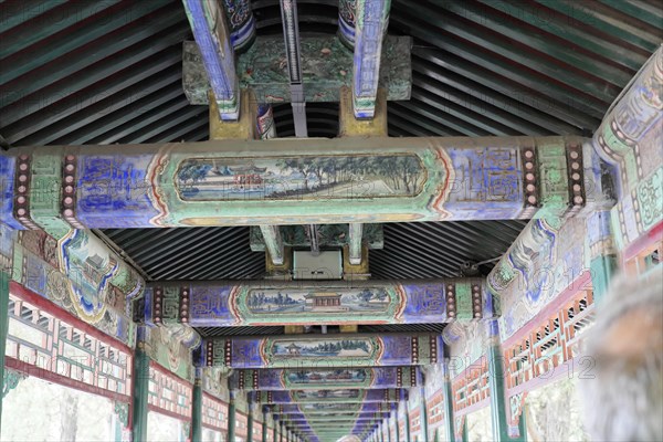 New Summer Palace, Beijing, China, Asia, Detailed painting and carvings on the ceiling of a traditional hall, Beijing, Asia