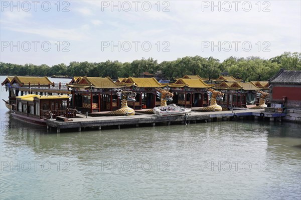 New Summer Palace, Beijing, China, Asia, Chinese ship on the shore of a lake under a clear blue sky, Beijing, Asia