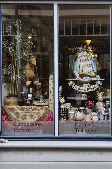 Window of a cafe, window, decorated, lovingly, porcelain, cups, crockery, urban, city, city trip, Dutch, creative, city centre, Deventer, Netherlands
