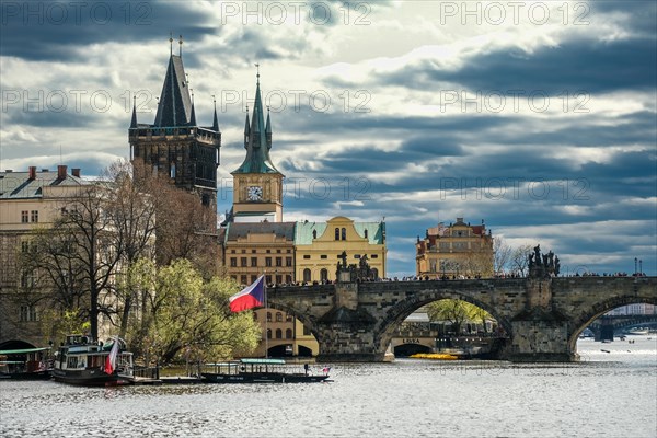Sightseeing, city tour, Prague Old Town, Charles Bridge, statues of saints, Vltava, capital city, Prague, Czech Republic, Europe