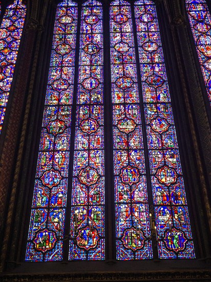 Paris 1er arr. Stained glass of the Holy Chapel (La Sainte Chapelle) built on the Ile de la Cite at the request of Saint Louis, Ile de France. France