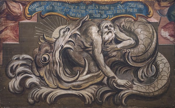 Detail of the Holy Sepulchre, the prophet Jonah, spat out by the great fish, whale, around 1750, St Oswald Church, Baunach, Upper Franconia, Bavaria, Germany, Europe