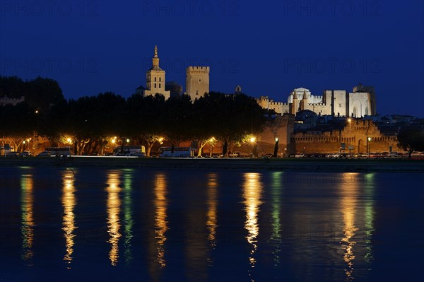 Papal Palace and Notre-Dame des Doms Cathedral at night, Avignon, Vaucluse, Provence-Alpes-Cote d'Azur, South of France, France, Europe