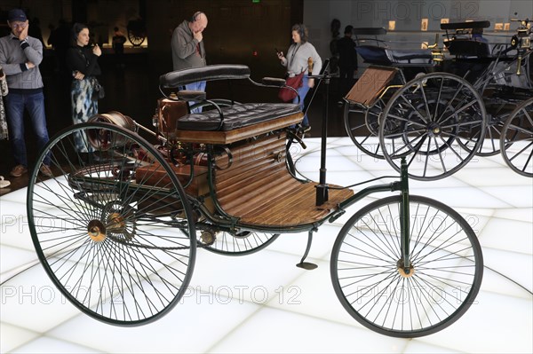 Replica Benz Patent Motor Car. first petrol car in the world, tricycle from 1886, Mercedes-Benz Museum, Stuttgart, Baden-Wuerttemberg, Germany, Europe