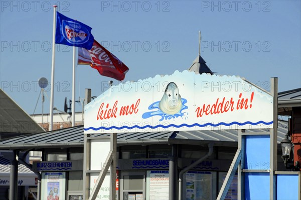 List, Sylt, Schleswig-Holstein, A welcome sign with a seal, surrounded by flag decoration and blue sky, Sylt, North Frisian Island, Schleswig-Holstein, Germany, Europe