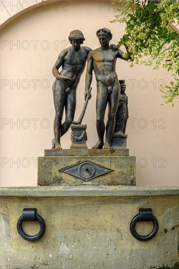 Ildefonso Fountain with a copy of the late antique Ildefonso group, described by Goethe as Castor and Pollux, at the Neue Wache in front of the Yellow Palace in Weimar, Thuringia, Germany, condition 13 August 2020, Europe