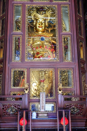 Jade Buddha Temple, Buddha, Puxi, Shanghai, Shanghai Shi, China, Asia, Golden Buddha statue inside a temple, surrounded by ornate decorations, People's Republic of China, Asia