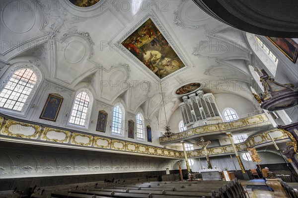 Organ loft, Dreifaltigkeitskirche, Kaufbeuern, Allgaeu, Swabia, Bavaria, Germany, Europe