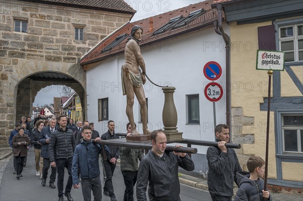 Historic Good Friday procession for 350 years with life-size wood-carved figures from the 18th century, Neunkirchen am Brand, Middle Franconia, Bavaria, Germany, Europe