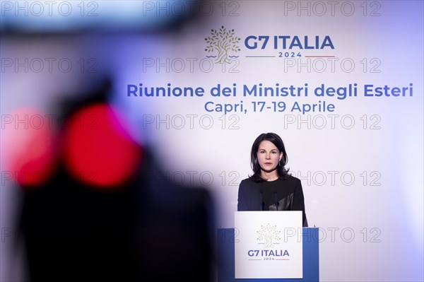 Annalena Baerbock (Alliance 90/The Greens), Federal Foreign Minister, photographed at a press conference during the meeting of the G7 foreign ministers in Capri, 18 April 2024. Photographed on behalf of the Federal Foreign Office